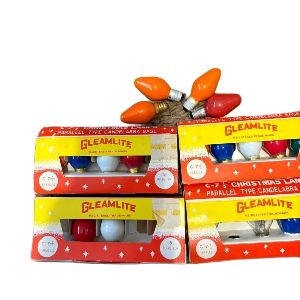 Vintage Gleamlite Christmas Bulbs C-9 1/2 Orange Blue White Red Clear